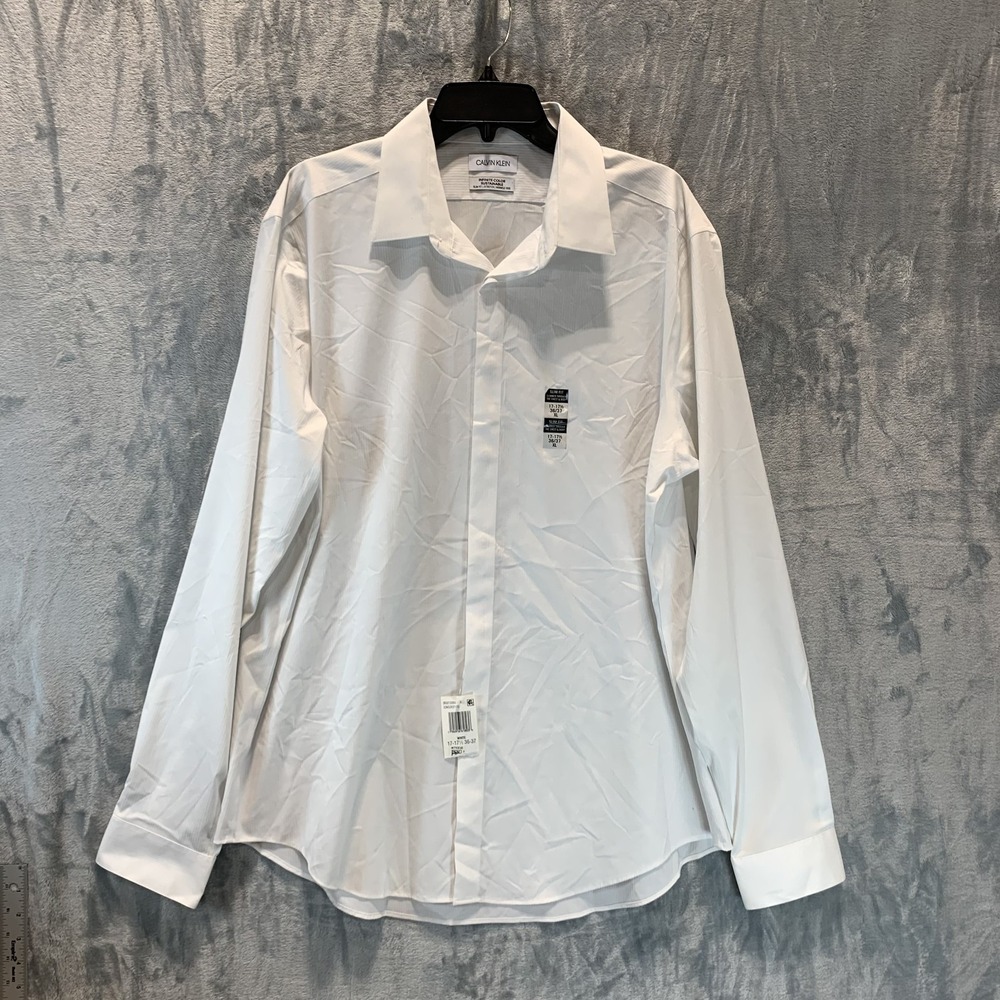Calvin Klein Men's Button Up Shirt XL White Steel + Slim Fit Herringbone 36/37